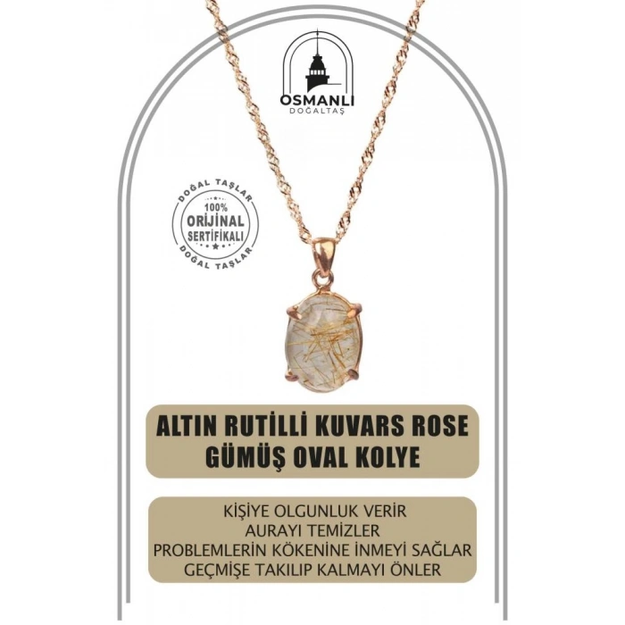 Altın Rutilli Kuvars Doğal Taş Rose Gümüş Oval Kolye