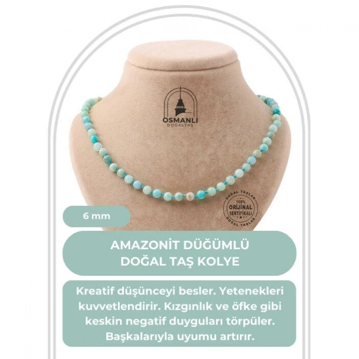 Amazonit 6 mm Düğümlü Doğal Taş Kolye