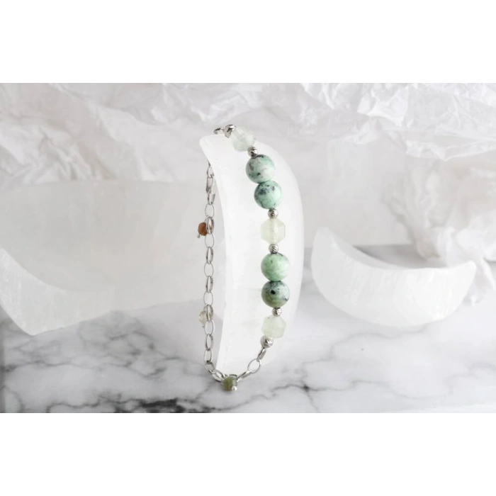 Amazonya, İspanyol Varisit-Prehneit-Akik Doğal Taş Gümüş Bileklik