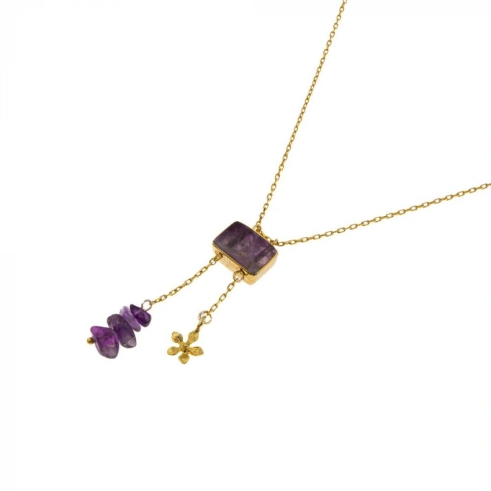 Ametist Doğal Taş Gümüş Çiçekli Kolye