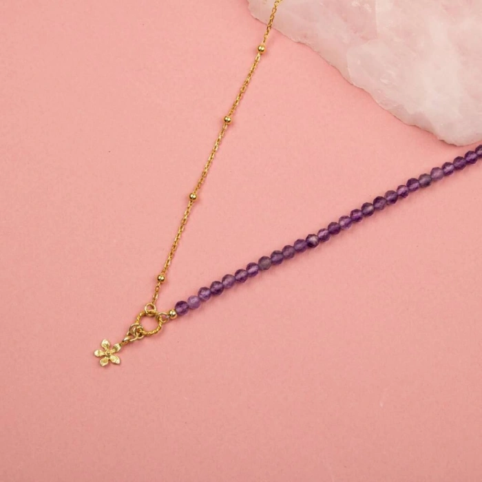 Ametist Doğal Taş Gümüş Çiçekli Kolye