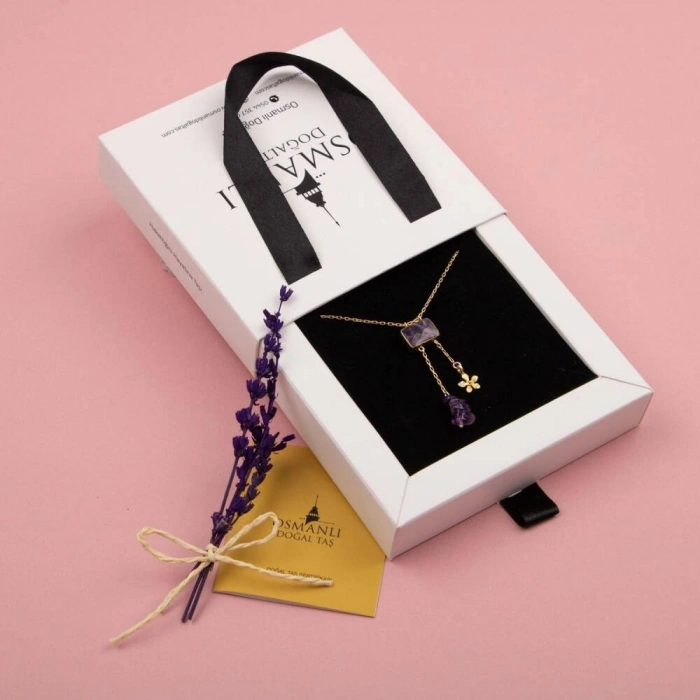 Ametist Doğal Taş Gümüş Çiçekli Kolye