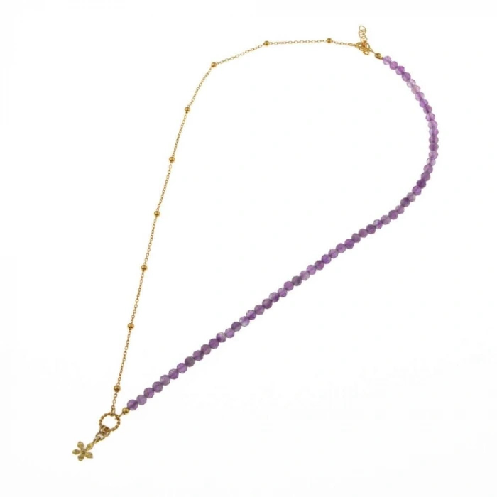 Ametist Doğal Taş Gümüş Çiçekli Kolye