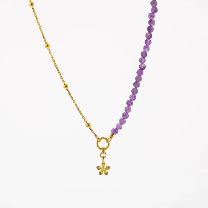 Ametist Doğal Taş Gümüş Çiçekli Kolye