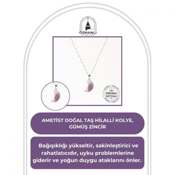 Ametist Doğal Taş Hilalli Kolye, Gümüş Zincir