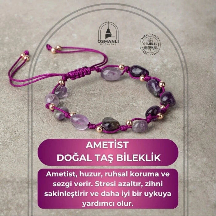 Ametist Natürel Kesim Doğal Taş Makrome Bileklik
