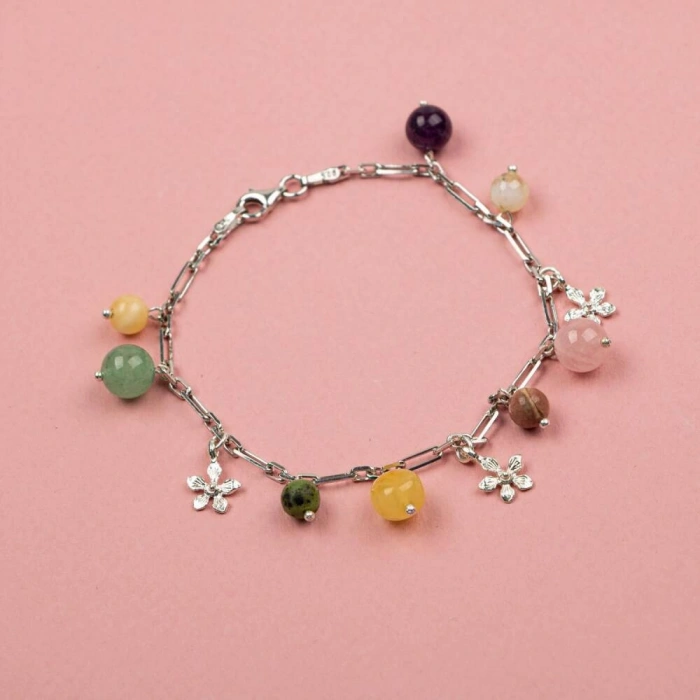 Ametist-Sitrin-Pembe Kuvars-Aventurin-Kalsit-Yeşim-Kehribar Doğal Taş Gümüş Bileklik