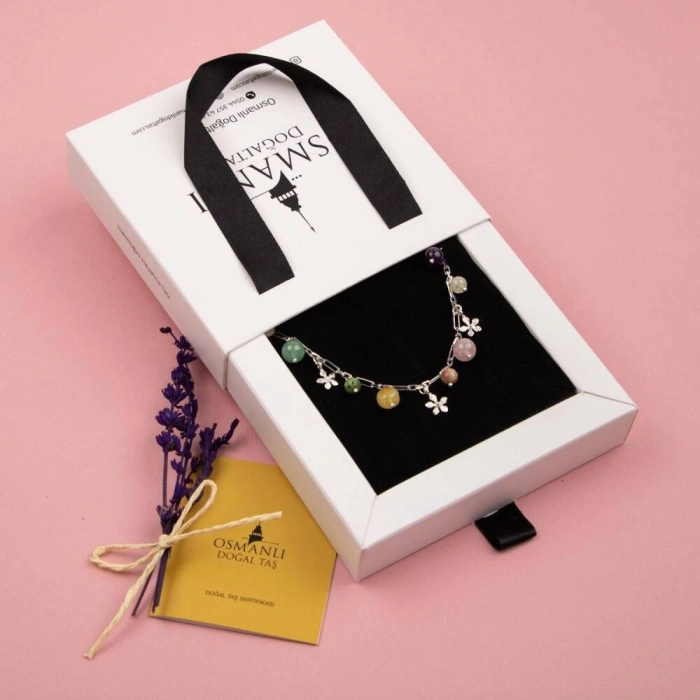 Ametist-Sitrin-Pembe Kuvars-Aventurin-Kalsit-Yeşim-Kehribar Doğal Taş Gümüş Bileklik