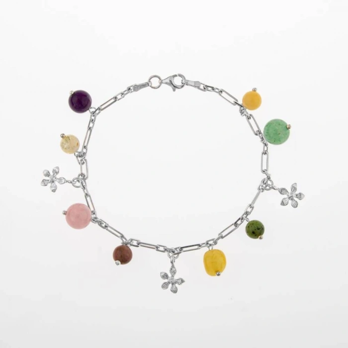Ametist-Sitrin-Pembe Kuvars-Aventurin-Kalsit-Yeşim-Kehribar Doğal Taş Gümüş Bileklik