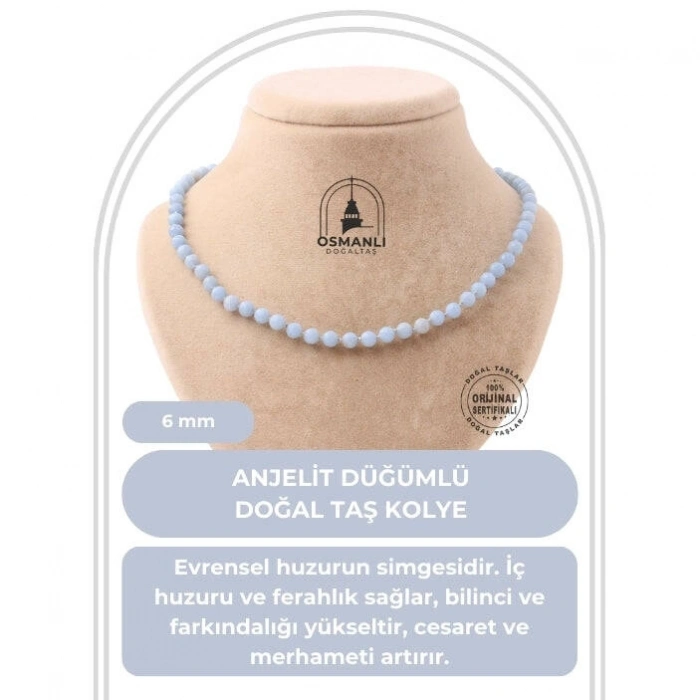 Anjelit 6 mm Düğümlü Doğal Taş Kolye