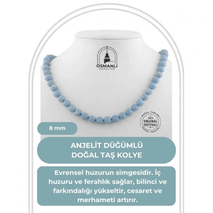 Anjelit 8 mm Düğümlü Doğal Taş Kolye
