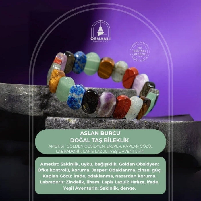 Aslan Burcu Bileklik Ametist, Golden Obsidyen, Jasper, Kaplan Gözü, Labradorit, Lapis Lazuli, Yeşil Aventurin