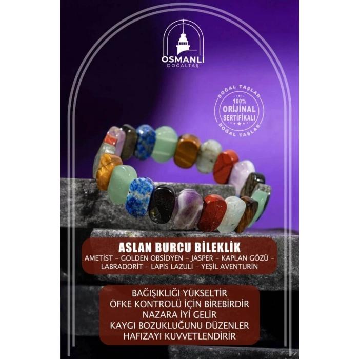 Aslan Burcu Bileklik Ametist, Golden Obsidyen, Jasper, Kaplan Gözü, Labradorit, Lapis Lazuli, Yeşil Aventurin