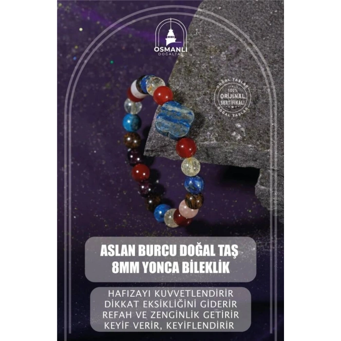 Aslan Burcu Bileklik Bordo Granat Lal, Bronzit, Güneş Taşı, Kırmızı Akik, Lapis Lazuli, Sitrin