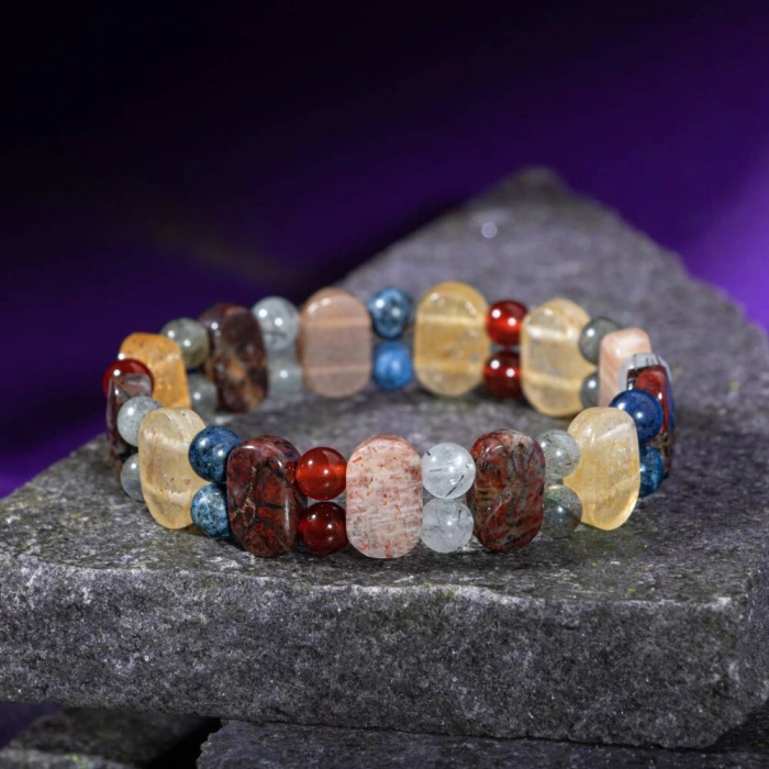 Aslan Burcu Bileklik Bronzit, Dumortierit, Güneş Taşı, Jasper, Kırmızı Akik, Labradorit, Rutilli Kuvars, Sitrin