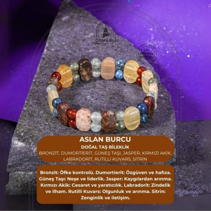 Aslan Burcu Bileklik Bronzit, Dumortierit, Güneş Taşı, Jasper, Kırmızı Akik, Labradorit, Rutilli Kuvars, Sitrin