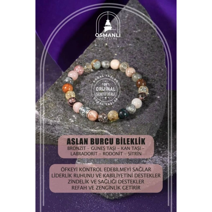 Aslan Burcu Bileklik Bronzit, Güneş Taşı, Kan Taşı, Labradorit, Rodonit, Sitrin