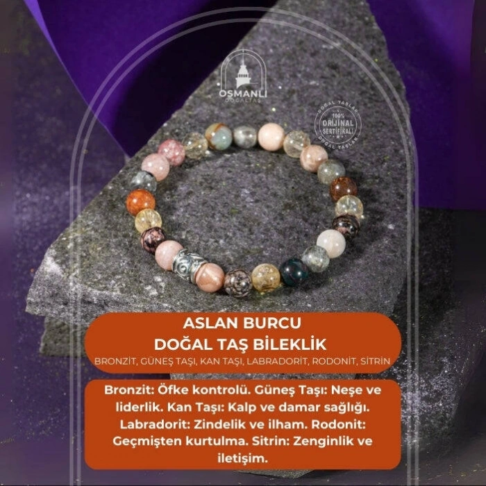 Aslan Burcu Bileklik Bronzit, Güneş Taşı, Kan Taşı, Labradorit, Rodonit, Sitrin