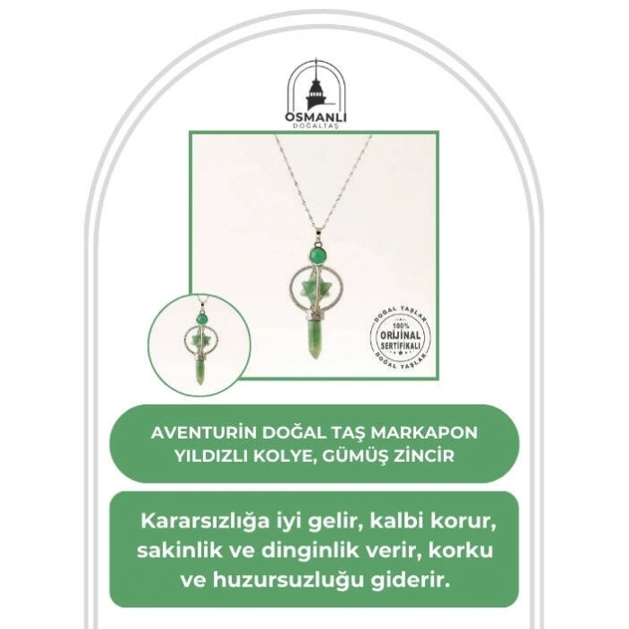 Aventurin Doğal Taş Markapon Yıldızlı Kolye, Gümüş Zincir