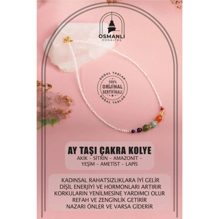 Ay Taşı Çakra Doğal Taş Kolye - Akik, Sitrin, Amazonit, Yeşim, Ametist, Lapis