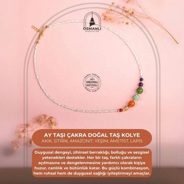 Ay Taşı Çakra Doğal Taş Kolye - Akik, Sitrin, Amazonit, Yeşim, Ametist, Lapis