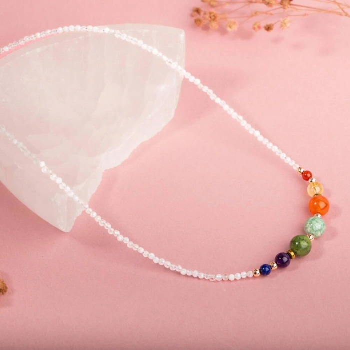 Ay Taşı Çakra Doğal Taş Kolye - Akik, Sitrin, Amazonit, Yeşim, Ametist, Lapis