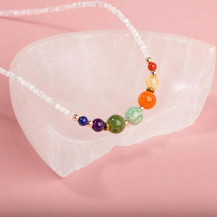 Ay Taşı Çakra Doğal Taş Kolye - Akik, Sitrin, Amazonit, Yeşim, Ametist, Lapis