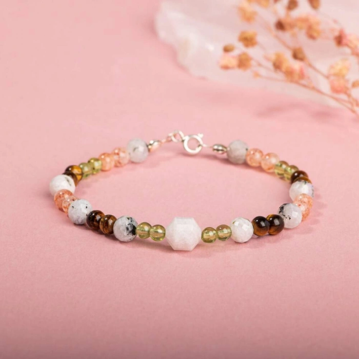 Ay Taşı-Güneş Taşı-Zebercet-Kaplan Gözü Doğal Taş Gümüş Bileklik