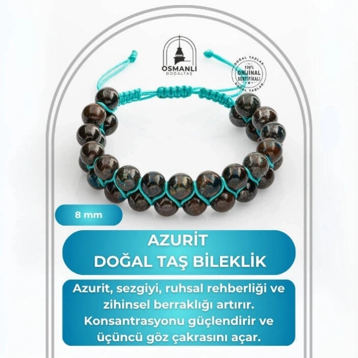 Azurit 8mm Çift Sıra Makrome Doğal Taş Bileklik