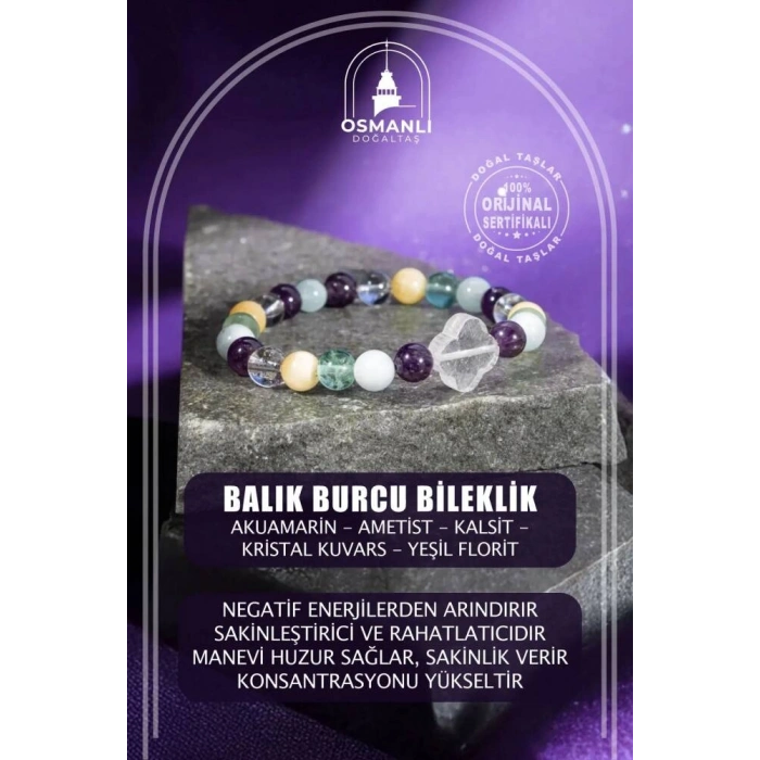 Balık Burcu Bileklik Akuamarin, Ametist, Kalsit, Kristal Kuvars, Yeşil Florit