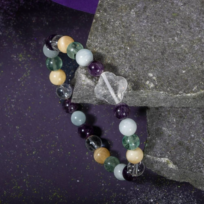 Balık Burcu Bileklik Akuamarin, Ametist, Kalsit, Kristal Kuvars, Yeşil Florit