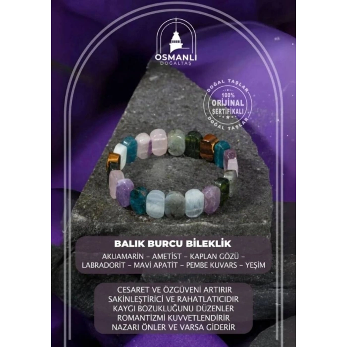 Balık Burcu Bileklik Akuamarin, Ametist, Kaplan Gözü, Labradorit, Mavi Apatit, Pembe Kuvars, Yeşim