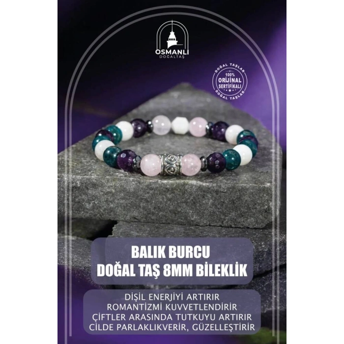 Balık Burcu Bileklik Ametist, Ay Taşı, Mavi Apatit, Pembe Kuvars, Selenit
