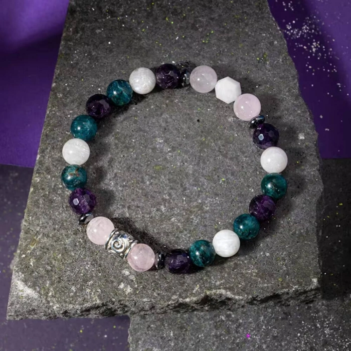Balık Burcu Bileklik Ametist, Ay Taşı, Mavi Apatit, Pembe Kuvars, Selenit
