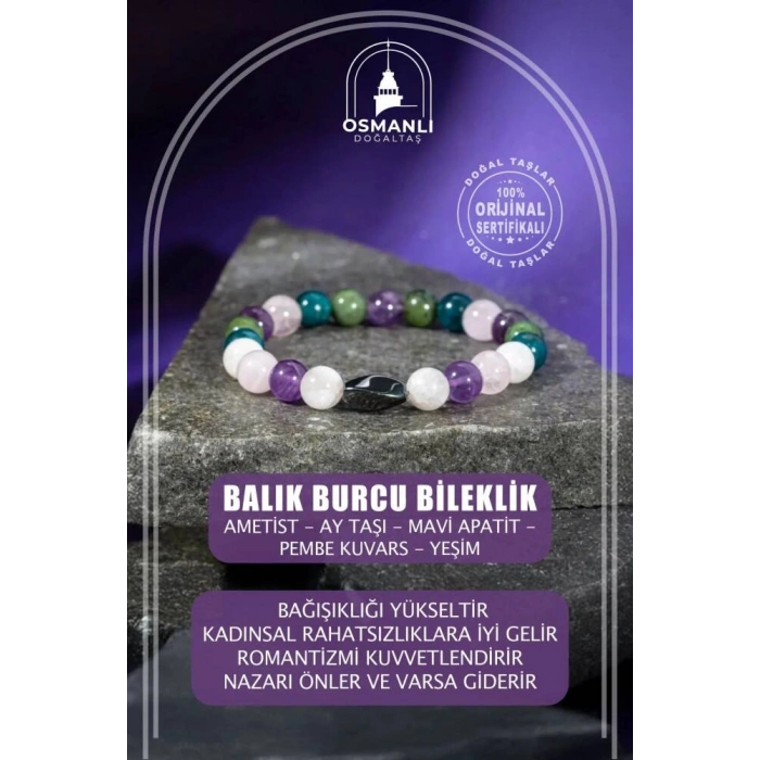 Balık Burcu Bileklik Ametist, Ay Taşı, Mavi Apatit, Pembe Kuvars, Yeşim