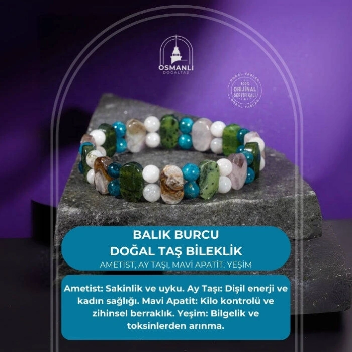 Balık Burcu Bileklik Ametist, Ay Taşı, Mavi Apatit, Yeşim