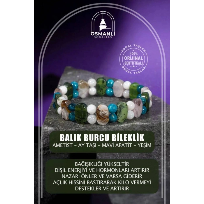 Balık Burcu Bileklik Ametist, Ay Taşı, Mavi Apatit, Yeşim