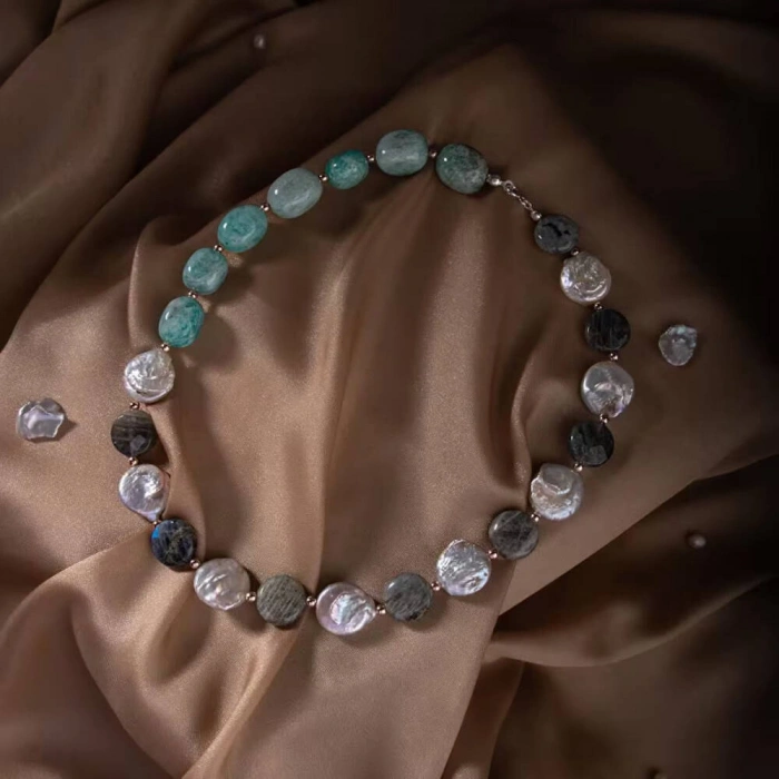 Barok İnci-Amazonit-Labradorit Doğal Taş Gümüş Kolye