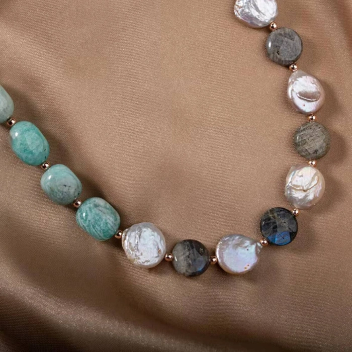 Barok İnci-Amazonit-Labradorit Doğal Taş Gümüş Kolye