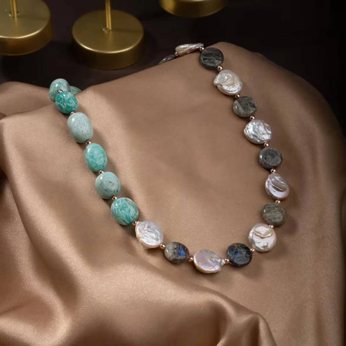 Barok İnci-Amazonit-Labradorit Doğal Taş Gümüş Kolye