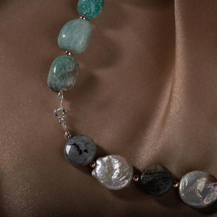 Barok İnci-Amazonit-Labradorit Doğal Taş Gümüş Kolye