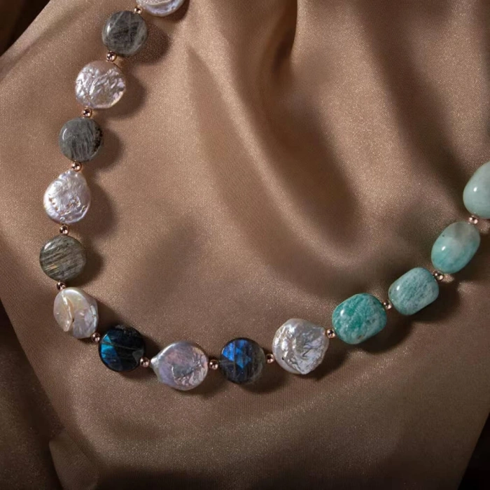 Barok İnci-Amazonit-Labradorit Doğal Taş Gümüş Kolye
