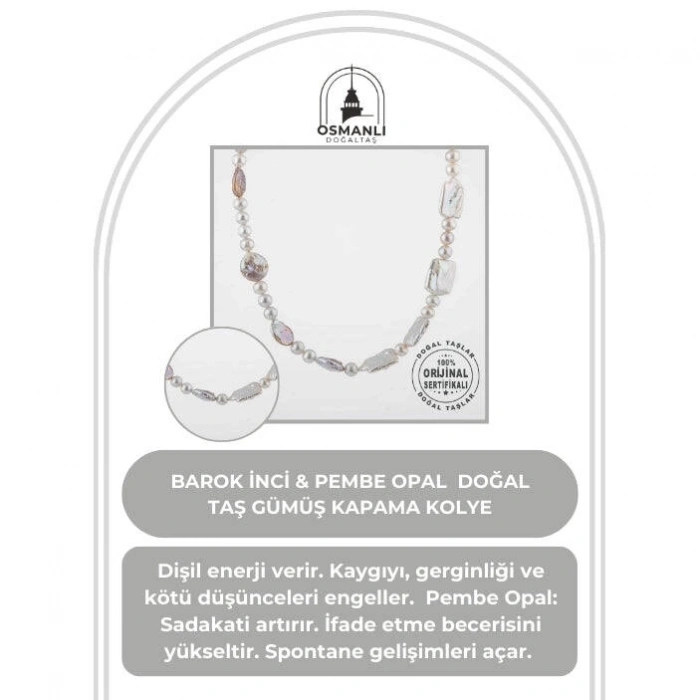 Barok İnci Doğal Taş Gümüş Kapama Kolye - 54cm