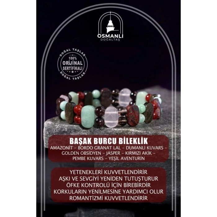 Başak Burcu Bileklik Amazonit, Bordo Granat Lal, Dumanlı Kuvars, Golden Obsidyen, Jasper, Kırmızı Akik, Pembe Kuvars, Yeşil Aventurin