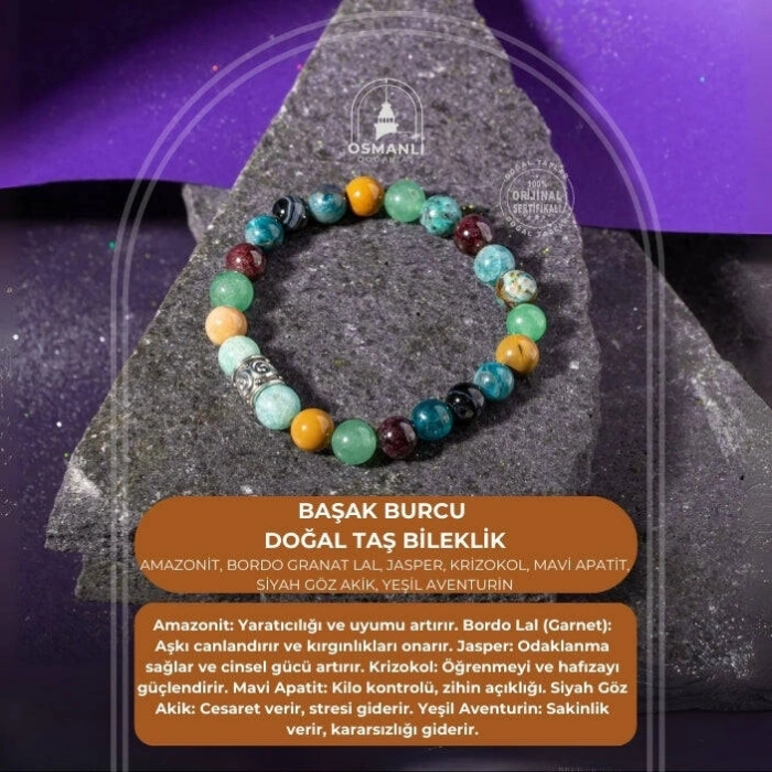 Başak Burcu Bileklik Amazonit, Bordo Granat Lal, Jasper, Krizokol, Mavi Apatit, Siyah Göz Akik, Yeşil Aventurin