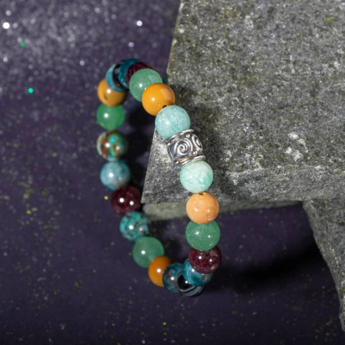 Başak Burcu Bileklik Amazonit, Bordo Granat Lal, Jasper, Krizokol, Mavi Apatit, Siyah Göz Akik, Yeşil Aventurin