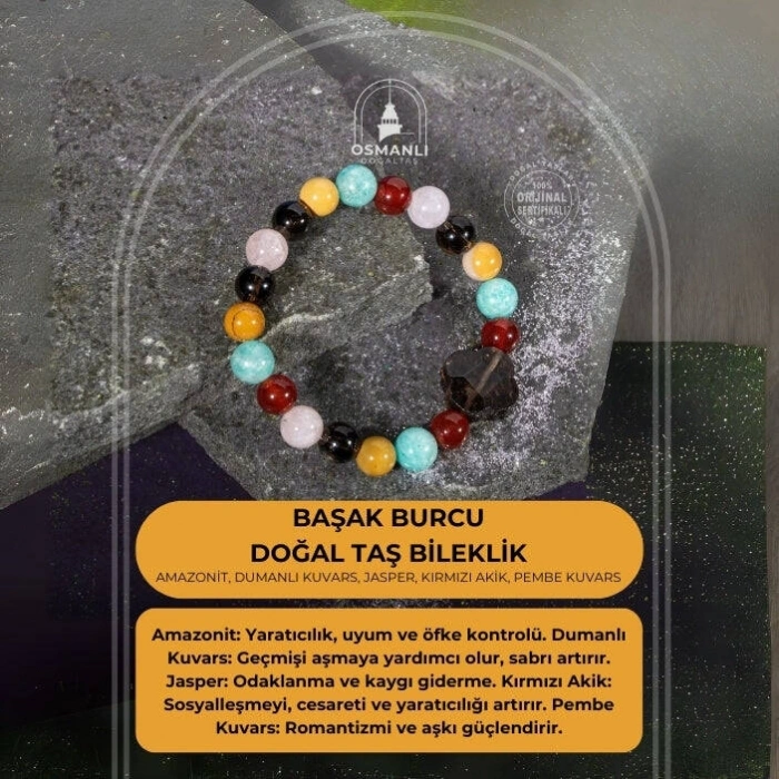 Başak Burcu Bileklik Amazonit, Dumanlı Kuvars, Jasper, Kırmızı Akik, Pembe Kuvars