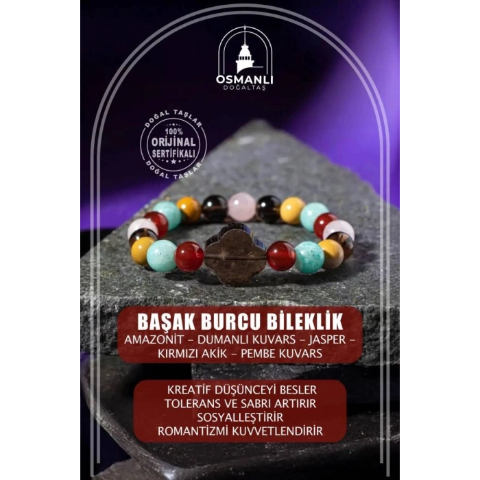 Başak Burcu Bileklik Amazonit, Dumanlı Kuvars, Jasper, Kırmızı Akik, Pembe Kuvars