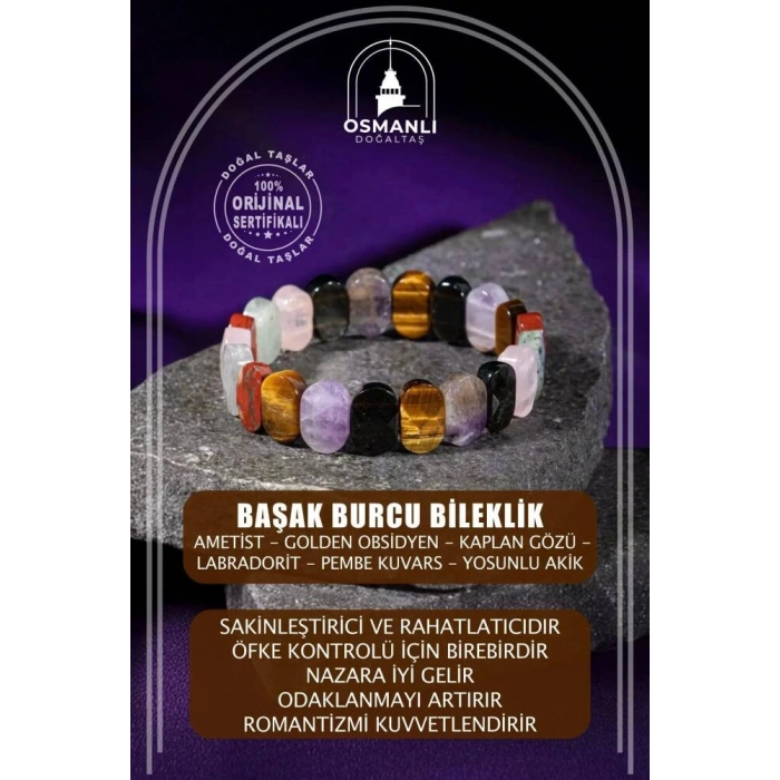 Başak Burcu Bileklik Ametist, Golden Obsidyen, Kaplan Gözü, Labradorit, Pembe Kuvars, Yosunlu Akik