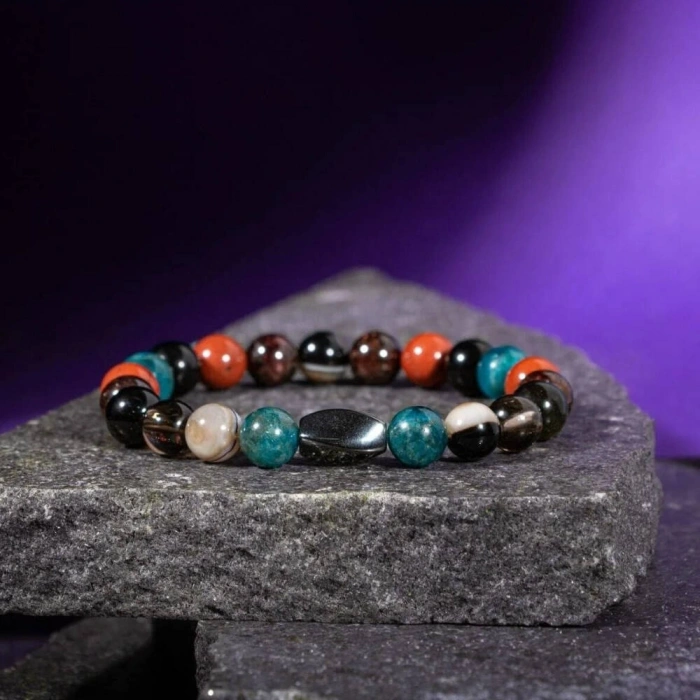 Başak Burcu Bileklik Bordo Granat Lal, Dumanlı Kuvars, Golden Obsidyen, Jasper, Mavi Apatit, Siyah Göz Akik